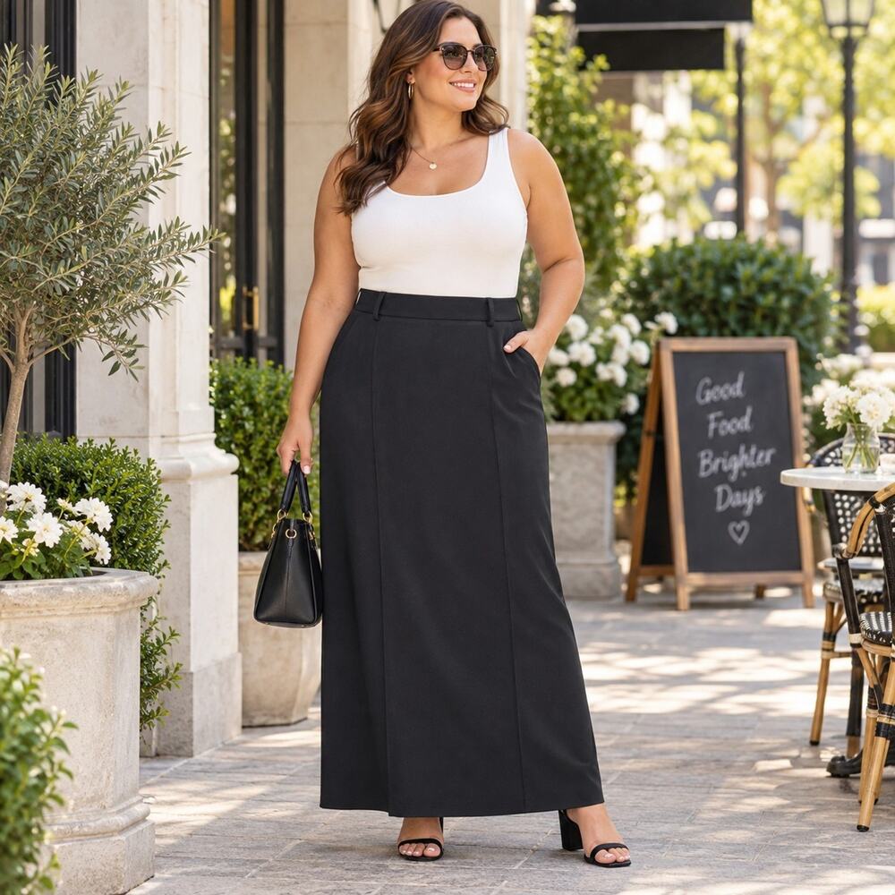 UOOZEE Women's Black H-Line Maxi Skirt XL High Waist Side Zip Pockets Tailored